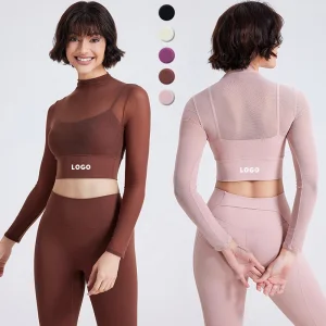Women's 2 in 1 Fitness Wear Mesh Long Sleeve Yoga Crop Tops