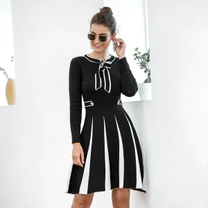 Vestido de suéter slim preto de malha casual para mulheres de inverno