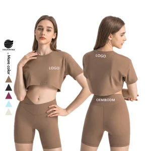 Xsunwing Ropa Deportiva Mujer Short Sleeve Tees Rib Knitted Casual Tops Active Workout Running Yoga T-Shirt Ladies Sportswear Gym Wear