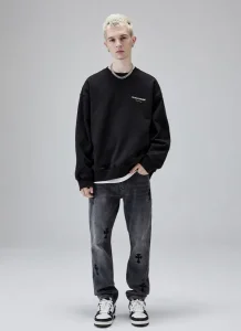 Jeans de Denim com Bordado, Lavagem, Corte Reto e Relaxado para Homens