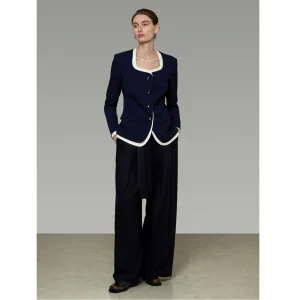 Conjunto Personalizado de Mulheres Blazer Emparelhado com Calças de Lazer Novo Atacado Design de Acabamento em Contraste Corte na Cintura Blazer para Moda Feminina