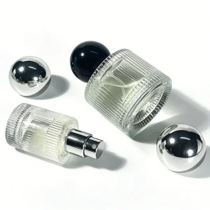 Customizable Label 50ml Vertical Stripe Transparent Glass Perfume Spray Bottle Embossed Bottle with Crimp Spray