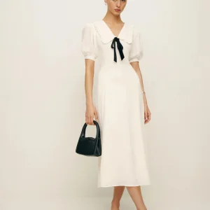 Vestido midi longo casual elegante de verão com gola Peter Pan, cintura alta, ajuste slim e mangas curtas brancas