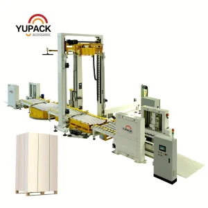Sistema de estrapado conveyorizado integrado con máquina de envoltura de estiramiento en línea y dispensador de palets para una gestión de flujo de palets de alta eficiencia en logística