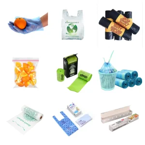 Luvas PE fortes, camiseta, colete, sacola de lixo, saco Ziplock, cocô de animal de estimação, saco com cordão, comida, saco plano, fralda, saco de alumínio