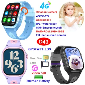 New Android 4G Waterproof fashion Kids safety GPS tracker Smart watch with hidden rotation Camera D43
