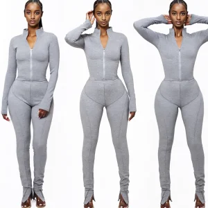 Conjunto de Calças de Duas Peças com Zíper para Mulheres 2025 Nova Coleção de Primavera Roupas Femininas Conjunto de Agasalhos Casuais Longos para Lazer