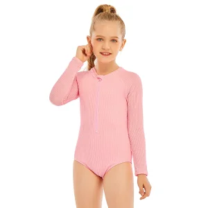 Custom Design Texture Fabric UV Protection Girl Kids Swimwear with Zipper