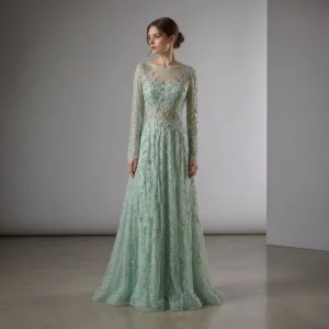 Long Sleeve Embroidered Sequin Gown