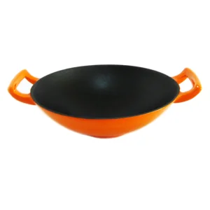 Enamel Cast Iron Wok with Stainless Steel Cover Dia 36cm 31cm