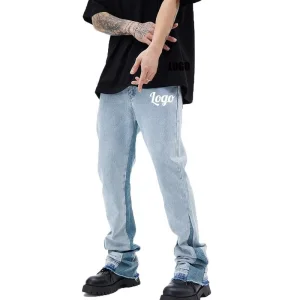 Atacado de Alta Qualidade Calças de Jeans Masculinas em Branco com Logo Personalizado, Calças de Denim em Patchwork, Estilo Flare Empilhado, Ajuste Slim para Homens