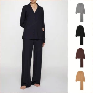 SUHE Women's Ultra Soft Thermal Breathable Modal Ribbed Pajama Set Long Sleeve Henley Top Flared Pants Pointelle Knit Sleepwear