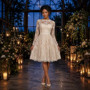 مصدّر ملابس الزفاف فستان أبيض قصير بسيط مع ياقة مربعة لحفل مدني واستقبال الزفاف