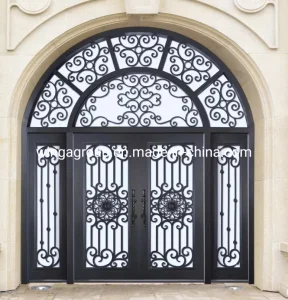 Hotel Lobby Super Custom Dimension with Lock Wrought Iron Steel Security Metal Exterior Outside Glass Double with Sidelight Best Quality Safety Glass Door