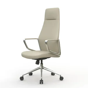 High-Back Beige Leather Executive Office Chair with Chrome Base