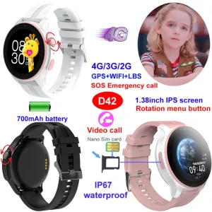 Hot selling China manufacture IP67 waterproof parental control kids smart GPS tracker watch with rotation menu button SOS panic button video call class mode D42