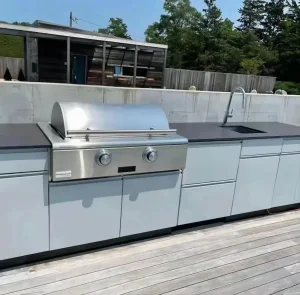 Waterproof Aluminium Alloy Frame Quartz Stone Outdoor Kitchen Cabinet Design