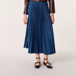 Dark Blue Dotted Pleated Summer Fashion High-Waist A-Line Wholesale Women Skirt