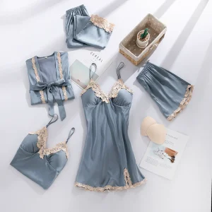 Wholesale Luxury Custom Ice Silk Pajamas Woman Spring New 5 Pcs Set Nightwear Long Sleeve Shorts Fashion Pyjamas Ladies