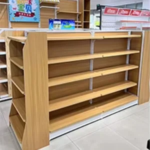 Double-Sided Supermarket Rack Steel and Wood Shelves for Pharmacy Display and Convenience Store Snacks for Retail Display