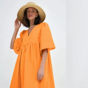Vestido de Verão Casual Feminino de Linho com Decote em V, Manga Curta, Solto, A-Line, Cor Sólida, para o Dia a Dia