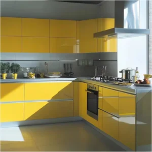 2025 Proveedor de Conjunto de Gabinetes de Isla de Cocina Modular Completo Muebles Modernos de Madera Pintura de Laca Amarilla Gabinete de Cocina