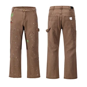 Factory Customized Hip-Hop Graffiti Cargo Denim Pants Khaki Black Trousers High Quality Splash Paint Wide Leg Jeans Men Flared Designer Denim Jeans