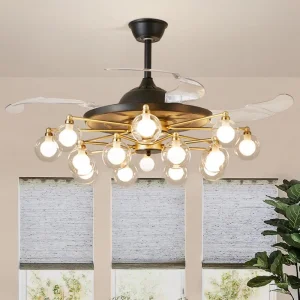 15 Light Crystal Retractable Ceiling Fan and Remote 42inch Modern Carbon Steel Gold Fandelier Ceiling Fan Reversible Blades
