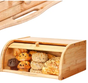Modern Retro Style Square Bamboo Bread Box Japanese Kitchen Countertop Storage with Tableware Function