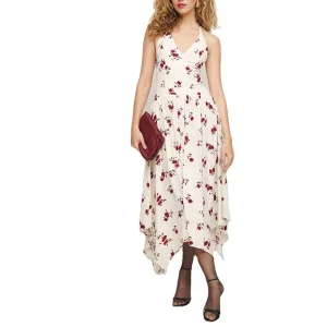 Custom Print Tie Strap V-neck Halter Empire Waist Midi Breathable A-Line Floral Print Women's Summer Spring Dress