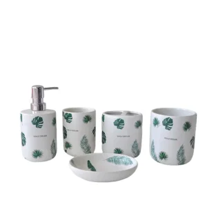 OEM White & Green Tropical Plant - Printed Ceramic Bathroom 5 - Piece Set Exporter, Exporters