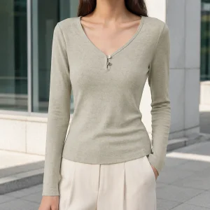 Women's Breathable V Neck Long Sleeve Rib Knit Top Button Front Solid Color Casual Layering T Shirt for Spring/Autumn Daily Wear