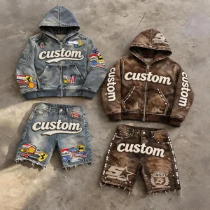 Custom Applique Embroidery Rhinestone Oversized Zip up Distressed Hoodie Short Set Vintage Acid Washed French Terry Sweat Suit