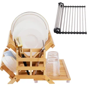 Bamboo Folding Dish Drying Rack Collapsible Drainer Set Eco-friendly Modern for Kitchen Countertop Standing Type Installation