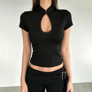 Womens Black Lace Trim Mock Neck Blouse