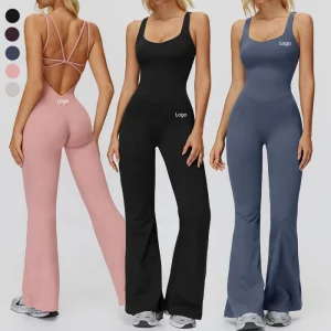 Women Cross Back Stretchy Yoga Fitness Gym Flared Jumpsuit Sleeveless One Piece Workout Romper Slim Fit Bodycon Sports Bodysuit