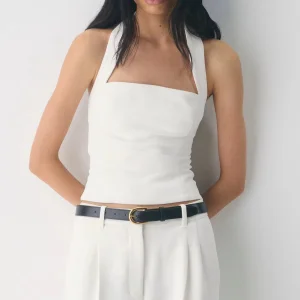 Elegant White Halter Neck Square Fitted Crop Top