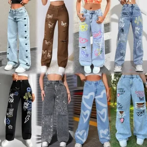 Calças Jeans de Cintura Alta Femininas com Estampa Retrô