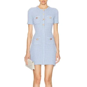 Fabricante Mayorista de Vestidos de Punto Personalizados para Mujeres 4-Season Vestido de Punto Chic Elegante con Botón de Joya de Manga Corta y Abotonado Mini