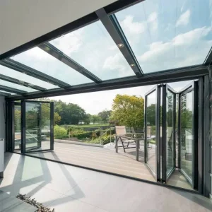 Black Frame Thermally Broken Glass Folding Door with Insulated Panels for Year Round Energy Savings