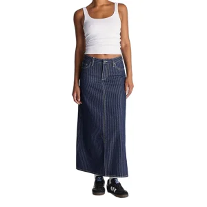 Denim Maxi Skirt MID-Rise Maxi Length Zip Fly Side Split Stripes fashion