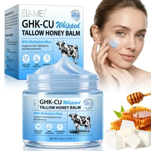 ELAIMEI Wholesale 60g Ghk-cu Blue Moisturizer Cream Copper Peptide Whipped Beef Tallow Balm With Manuka Honey For Face Body