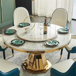 Round Dining Table Living Room Furniture Outdoor Table Marble Top 1+6 Set White Round Stainless Steel Dining Table Set with Leather Chair for Wedding Banquet