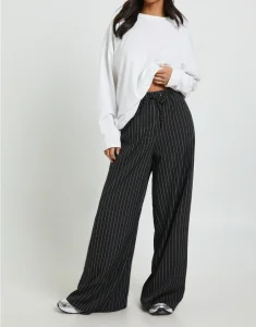 Petite High Waisted Drawstring Stripe Wide Leg Trousers