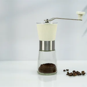 Botella de vidrio y molinillo de café de cerámica con cubierta de plástico antideslizante, molinillo de café manual con cuerpo de acero inoxidable