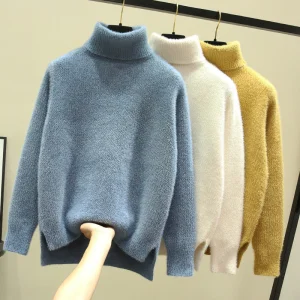 Vintage Casual Outwear Knitwear Women Winter Solid Color Thicken Pullover High Collar Turtleneck Sweater