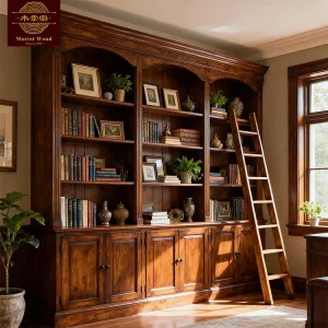 Custom Solid Wooden Bookcase - Classic American Style Built-in Bookshelf with Cabinet Storage for Study Room Whole House Customization Book Cabinet