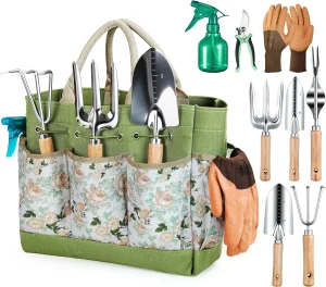 High Quality 9 Pcs Heavy Duty Gardening Tools Kits Stainless Steel Blade Garden Hand Tool Set With Fashion Bag