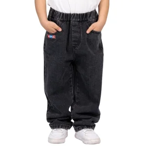 Calça jeans infantil solta reta com bordado em cor cinza escuro elástico e fofo