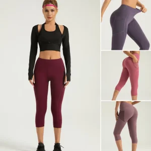 Ropa de gimnasio de poliéster para mujeres al por mayor, pantalones de yoga con bolsillos de malla, ropa atlética personalizada con logo que levanta el trasero, mallas ajustadas para correr, 3/4 mallas capri deportivas